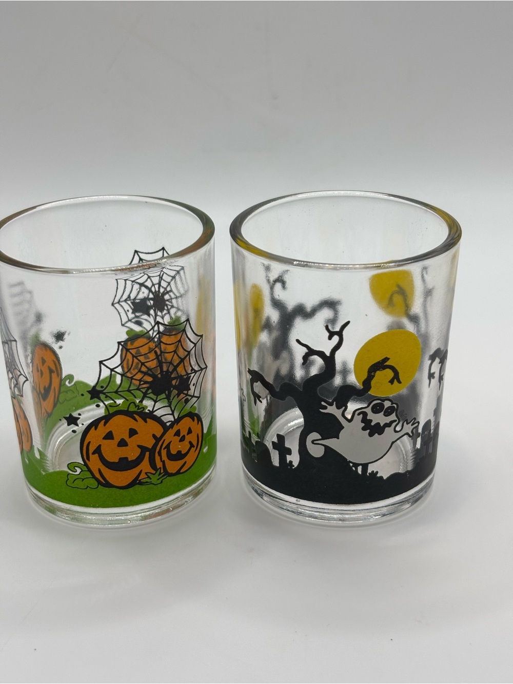 2 Halloween Glass Votive Candle Holders Ghost Pumpkins Spider Web